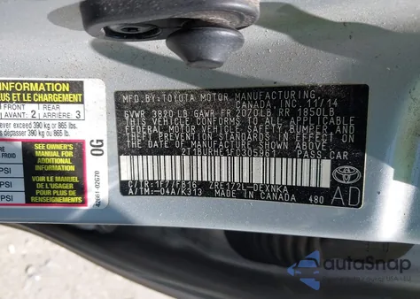2015 Toyota Corolla Le from USA, damaged, VIN 2T1BURHE1FC305961